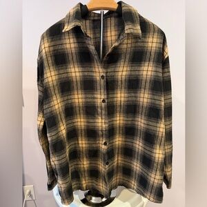 Black and Tan Plaid Women's Button Down Shirt